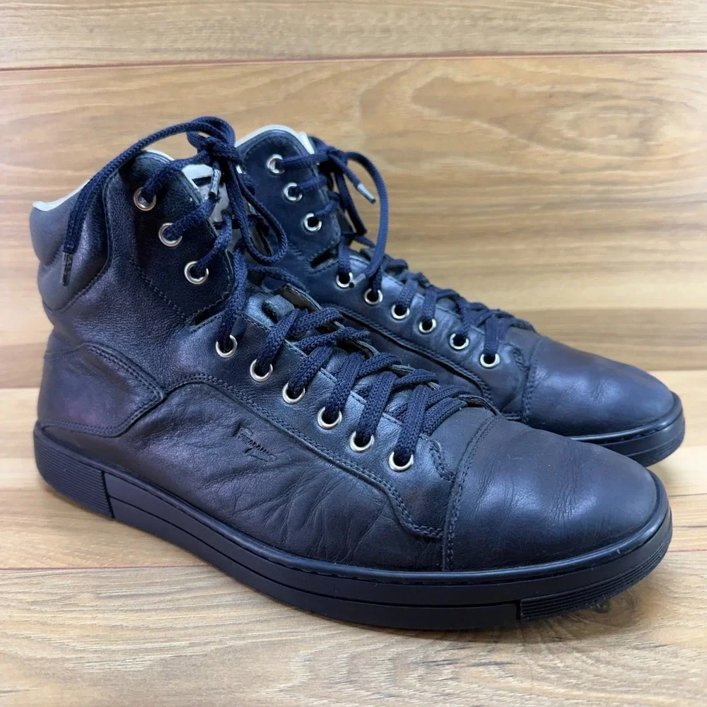 Salvatore Ferragamo High Top Sneakers Mens 8.5 D Black Leather Casual Everyday